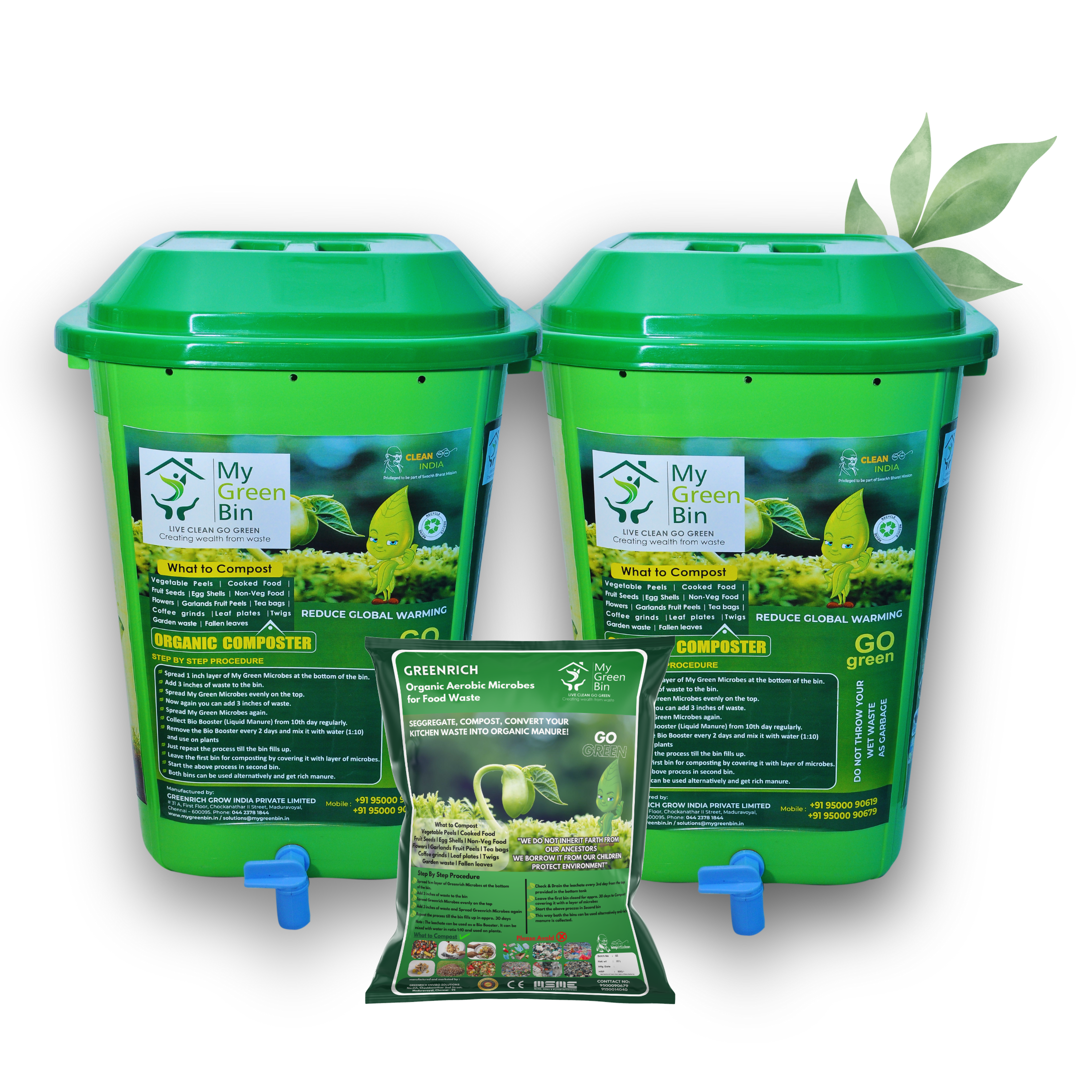 Bio Compost Bin 25 Ltrs (1 Set With 5 Ltr Microbes) - Color: Green