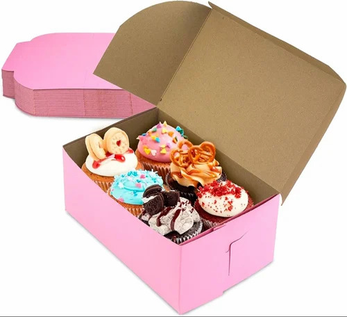 Pastry Packaging Box - 250 Gram Capacity 8x8x5 Inches Pink Rectangular Corrugated Paper Design