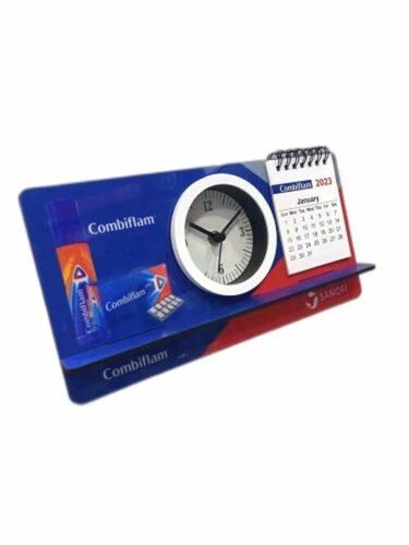 Plastic Promotional Table Clock - Plastic Material, Rectangular Shape, Blue Color | Digital Print with Good Quality Finish and New Condition