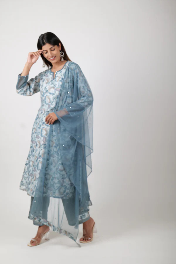 Straight Printed Powder Blue Kurta along with Pants and chiffon Dupatta