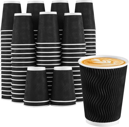 Paper Coffee Cups - Insulated, Round, Rippled Wall Design | Black Color, Heat Resistant, Ideal for Events and Parties