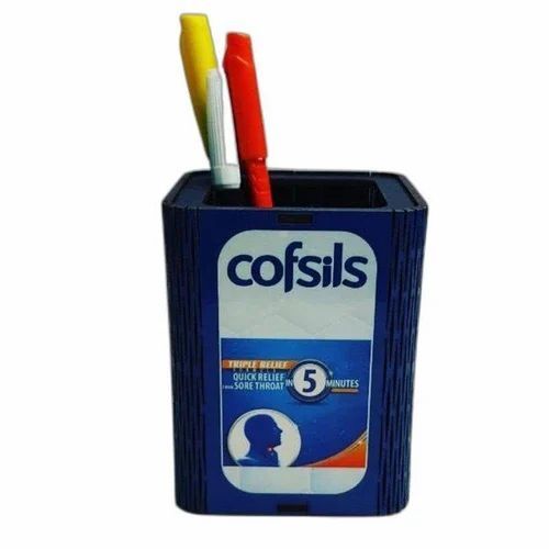 Promotional Rectangular Plastic Pen Stand - 5x4 Inch, Blue Color, 1mm Thickness, Stylist Design, Perfect for Promotional Gifts