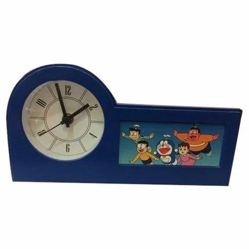 Cartoon Promotional Table Clock - Plastic, Round, Blue | Battery-Powered, Box Packaging, New Condition