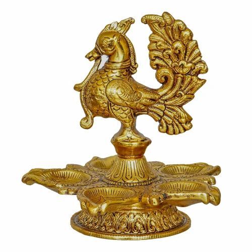 Golden Brass Peacock Designer Statue - Polished Finish, Multi-Color for Worship and Decorative Use