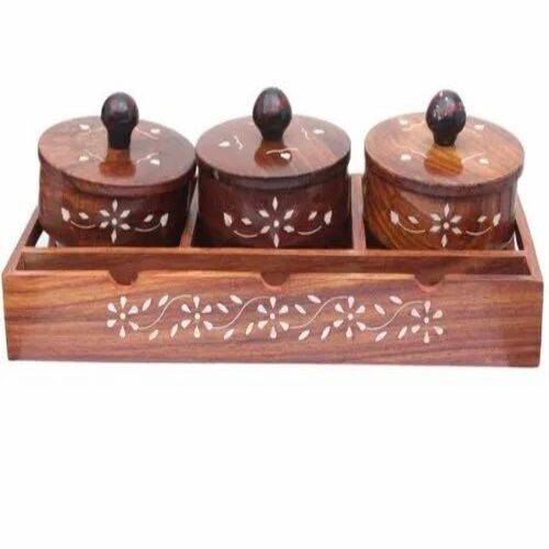 Handcrafted 3 Dry Fruit Lid Cup Jar - Wood 14 x 12.7 x 12.7 Centimeters Brown | Innovative Exports Customizable Size Multicolor