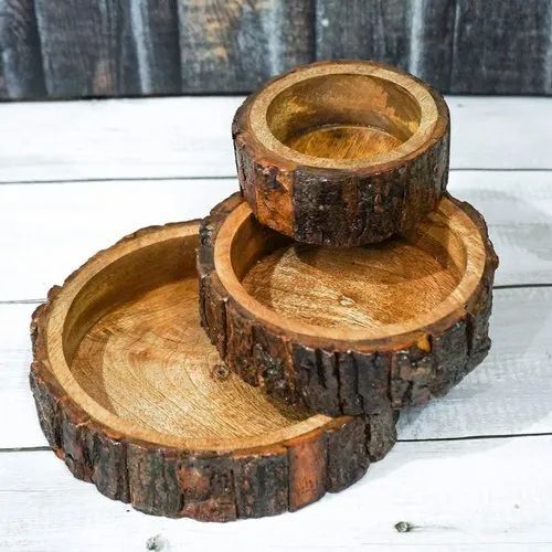 Handcrafted Wooden Serving Tray - Set of 3 (5 Inch, 7 Inch, 9 Inch) | Circular Shape, Brown Color, Customizable Multicolor Design
