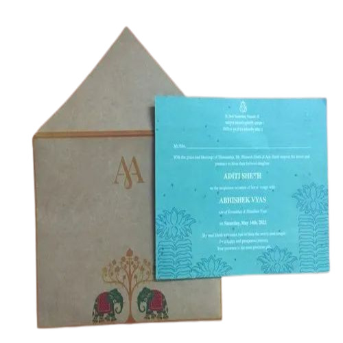 Kraft Paper Envelope - Velvet Blue Floral Design, 1 Insert Leaflet Count | Eco Friendly, Rectangular Shape, Ideal For Wedding Occasions