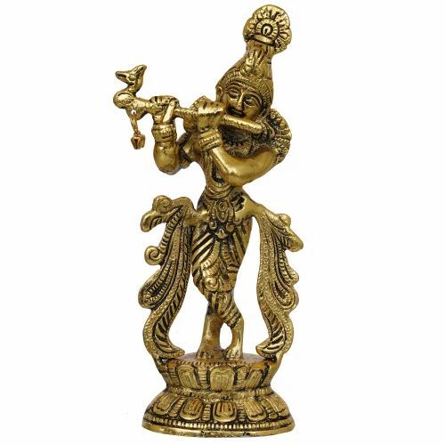 Lord Krishna Playing Flute Idol - Metal, Custom Size, Golden Finish, Polished Round Base, Standing Posture | Durable, Eco-Friendly Packaging in Wooden Box
