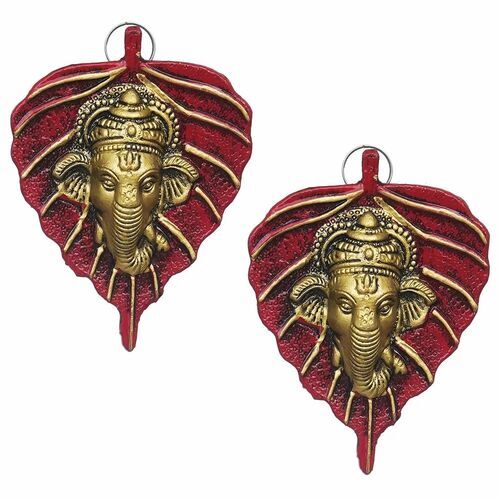 Red Peepal Leaf Ganesha Wall Hangings - Aluminium, 3.93" x 0.5" x 5.11" , Attractive Multicolor Design