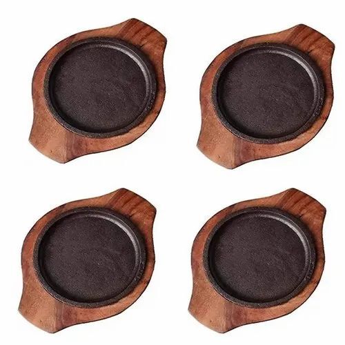 Wooden Iron Small Dessert Serving Plate - Wood Material, 20.3x15.2x2.5 cm, Brown Color | Round Pattern, Ideal for All Serving Needs