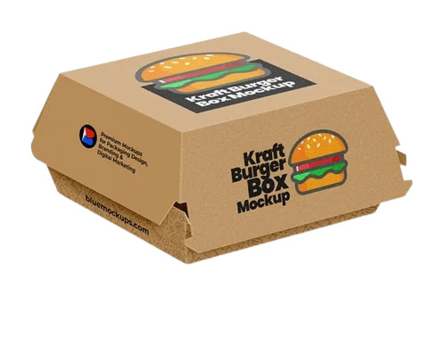 Printed Burger Packaging Boxes - Corrugated Paper, 178x178x45 mm, Brown | Rectangular Shape, 200 Gram Capacity, Straight Tuck End Design