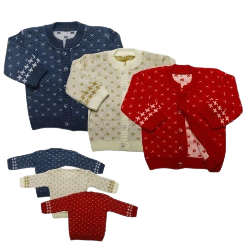 Woolen Baby Sweater - Soft, Warm & Comfortable | Anti-Wrinkle, Hand Knitted with Long Sleeves, Unisex, Available in Pink, Sky Blue, Yellow, Printed Design