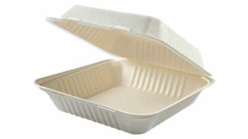 Sugarcane Bagasse Clamshell Boxes - White Paper, 6x6 Inches, One Compartment, Rectangle Shape, Customized, Plain Design, Disposable