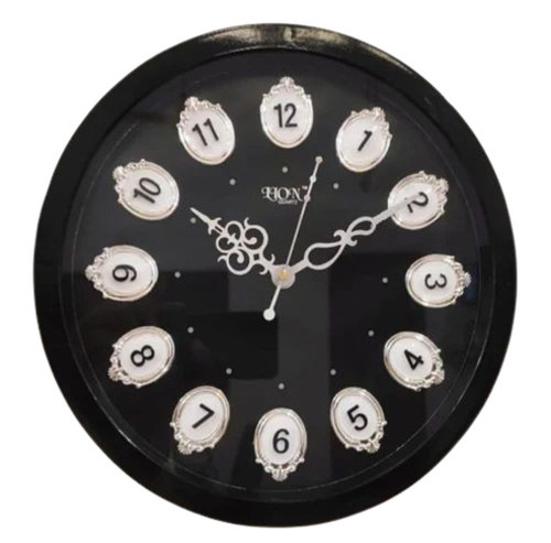 Black 12 Inch Wall Clock - Plastic Material, Round Shape, Classic Black Color | Analog Timekeeping, Good Quality for Office Use