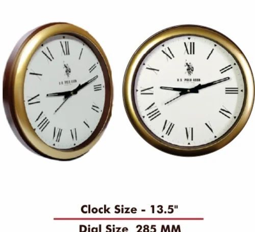 Golden White Plastic Wall Clock - Plastic 13.5 Inch Round Shape | Golden Ring with Brown Base Design Perfect for Home Decor