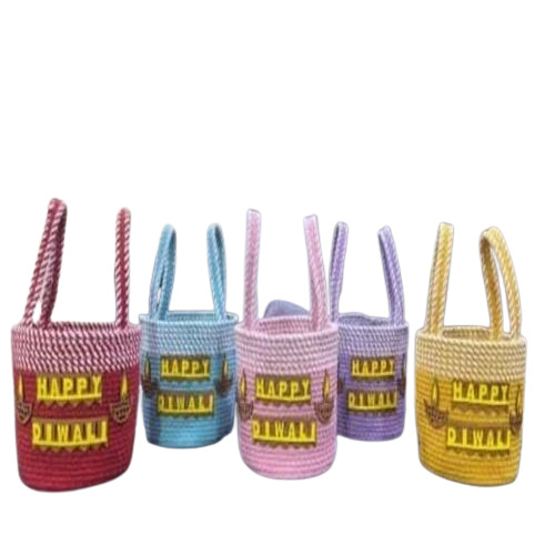 Happy Diwali Gift Box - Cotton Rope Hamper Basket, 7x7 Inches , Multicolor Design Ideal for Thoughtful Gifting