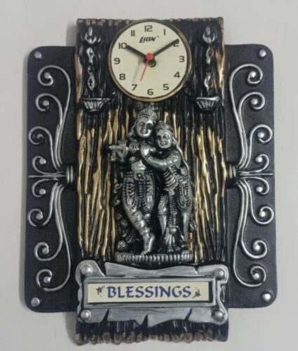 Radha Krishna Analog Wall Clocks - Plastic, 9 Inch | Black, Silver, Golden Colors, New Condition, Attractive Design for Office and Home
