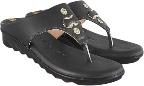 Ladies Slipper - PU Leather Material, Black Color | Breathable Upper, Non-Slip Sole, Stylish & Trendy Design, Easy Slip-On, Padded Footbed for Comfort, Flexible Fit