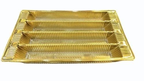 800gms Sweets Packaging Tray - Plastic, Rectangular - 4 Compartments, Golden Color, Standard Size | Customized for Food Industry Use