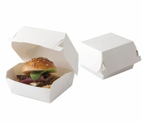 Burger Packaging Box - Cardboard Folding Straight Tuck End 50 Gram Capacity Rectangular Shape Plain White Design
