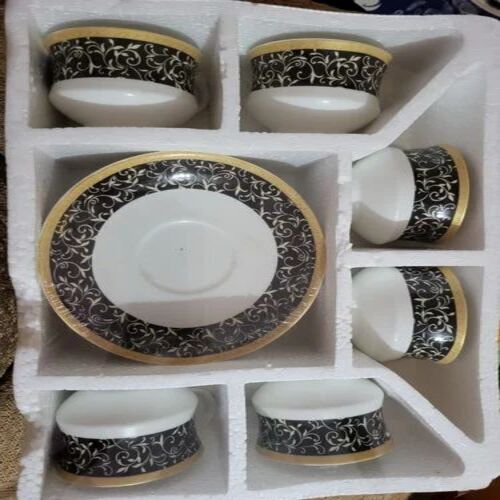 Ceramic Tea Cup and Saucer Set - 6 Pieces, White Color, Multicolor Printed Design, Perfect Shape, Ideal for Home Decor