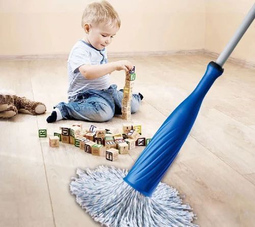 Floor Mop - Microfiber Head, Blue Plastic | Quick Drying, Washable Mop Head, Non-slip Grip, Scratch-free Cleaning, Multi-surface Compatible