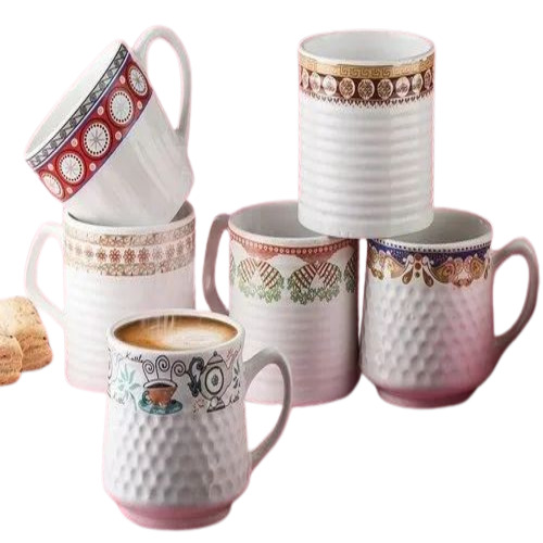 White Ceramic Tea Mug Set - Printed Design 7x6.5 cm, 150ml Capacity, Perfect Gift for Tea Lovers