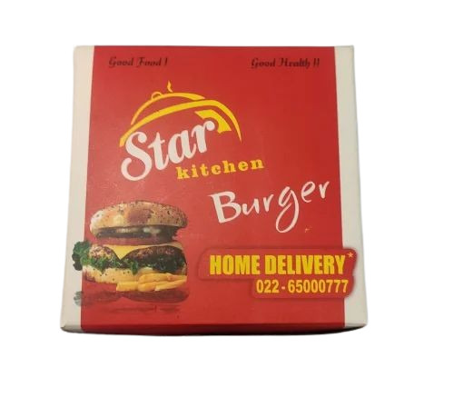 Burger Packaging Box - Paper Material, Printed Design, Red Color | Ideal for Takeouts and Fast Food Services
