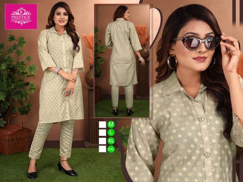 Ladies Grey Printed Cotton Kurti Pant Set