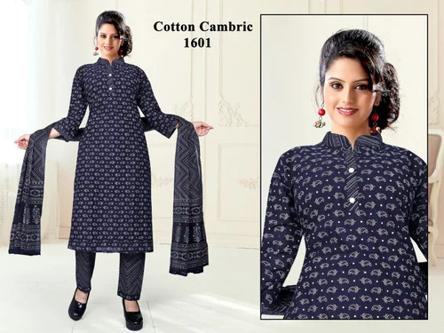 Ladies Cotton Kurti Pant Dupatta Set - Navy Blue Printed, Skin Friendly, Hand Washable, 3-4th Sleeve, Trendy Casual Wear