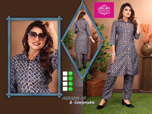 Ladies Navy Blue Silk Printed Kurti Pant Set