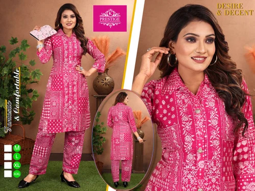 Ladies Pink Chanderi Printed Kurti Pant Set