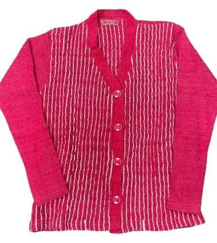 Elegant Texture Woolen Cardigan - Wool, Long Sleeves, Stripped Pattern, Pink | Comfortable Fit, Bold Color Choices, Lightweight Warmth, Ribbed Cuffs