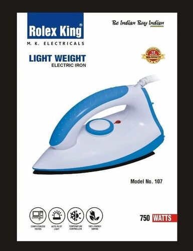 Light Weight Electric Iron - Aluminum Material, 750 Watt Power | Long Lasting, Durable, New Packaging, Blue Color, Dry Iron with 1 Year Warranty