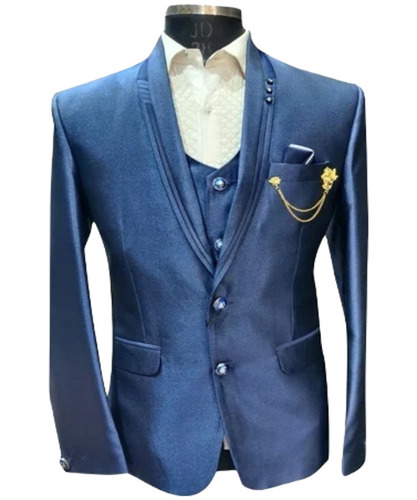 Men's Stylish Plain Viscose Three Piece Suit - Full Sleeves, Blue Color, Soft Fabric, Available in Sizes 34, L, XL