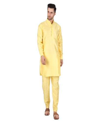 Men Silk Kurta Pajama - Full Sleeves, Medium Size, Yellow Color | Features: Anti-Wrinkle, No Fade, Quick Dry, Stylish & Soft