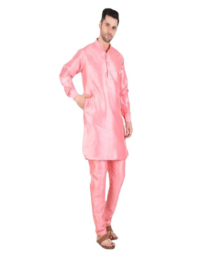 Men Silk Kurta Pajama Set - Silk Fabric, Medium Size, Pink Color | Full Sleeve, Anti-Wrinkle, No Fade, Quick Dry, Stylish and Soft