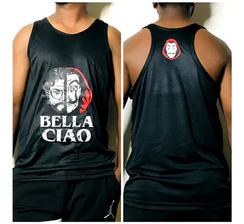 Mens Gym Vest - Polyester Fabric, Variable Sizes Available, Black Color with Trendy Print | Breathable, Moisture-Wicking, Sleeveless Design for Enhanced Movement