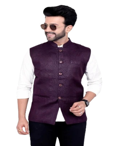 Nehru Jacket - Cotton, Sleeveless, Purple | Breathable, No Fade, Warm and Soft, Washable, Single Pocket