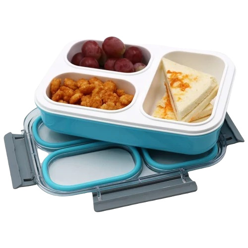 3 Slot Lunch Box - PVC Material, 3 Compartments | Multicolour Insulated Design, Durable Quality for Food Packing