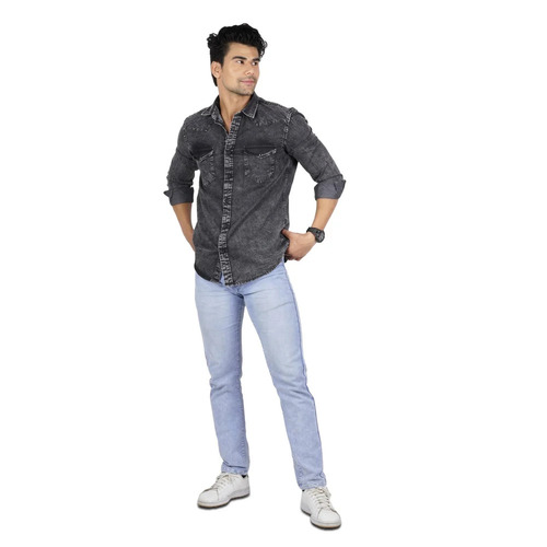 Plain Black Men Denim Shirt - Color: A