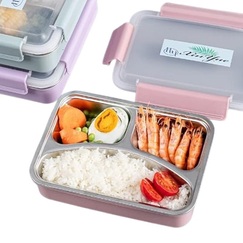 Compartment Lunch Box - Stainless Steel, 3 Compartments , Customizable Multicolor Design