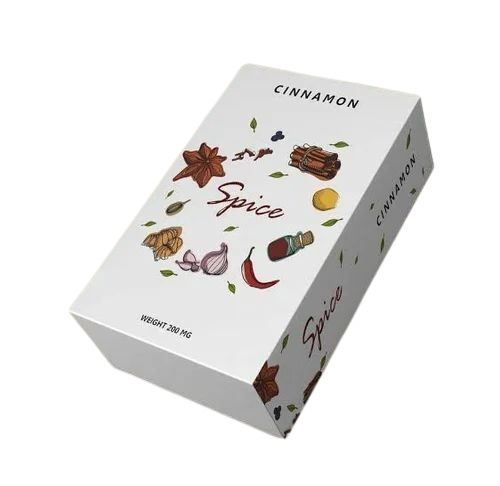 Masala Packaging Box - Paper, 100 Gram, Rectangular Shape | White Color, Printed Design