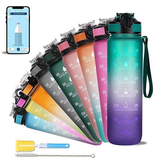 Motivational Water Bottle with Time Marker & Fruit Strainer, Leak-proof BPA Free Non-Toxic( 1L) Bottle with Carrying Strap, Perfect for Fitness, Gym and Outdoor Sports 