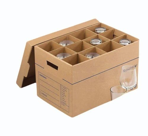 Glass Packaging Box - Double Wall 5 Ply Virgin Kraft Paper, 30 x 20 Inch Rectangular Size, Brown Color, Laminated Coating with Raised Ink