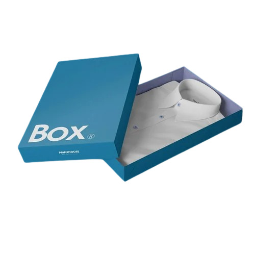 Shirt Packaging Boxes - Virgin Kraft Paper, 13 x 8 x 1.5 Inch, Blue, Laminated Finish, Rectangle Shape, Raised Ink Printing