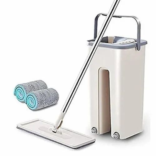Flat Bucket Mop - Microfiber Mop Head, Stainless Steel Rod, White | Ideal for Efficient Floor Cleaning