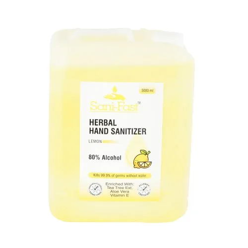Hand Sanitizer - 100% Pure Liquid, 5 Ltr Size, Yellow Color | Eco-Friendly, Anti-Allergic, Antiseptic, Non-Sticky, Kills 99.9% of Germs Instantly