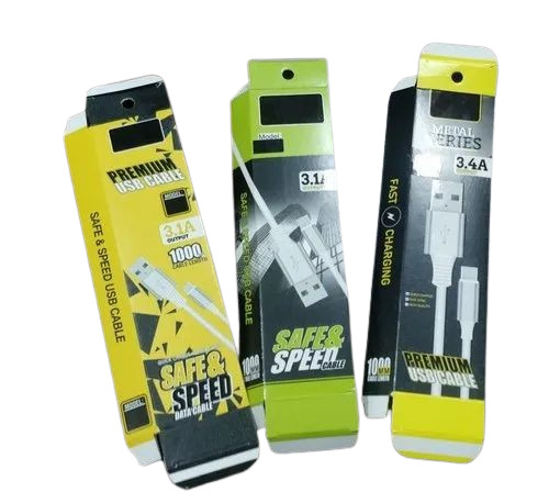 Mobile Data Cable Packaging Box - Recycled Paperboard, Rectangular Shape, Gloss Varnish Finish, Multi Color | Disposable Folding Carton Design