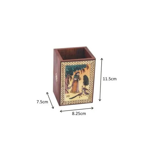Brown Wooden Pen Stand - Brown Wood, Size 6x4 Inches | Carved Design, Antique Imitation Style, Ideal for Arts and Crafts Use